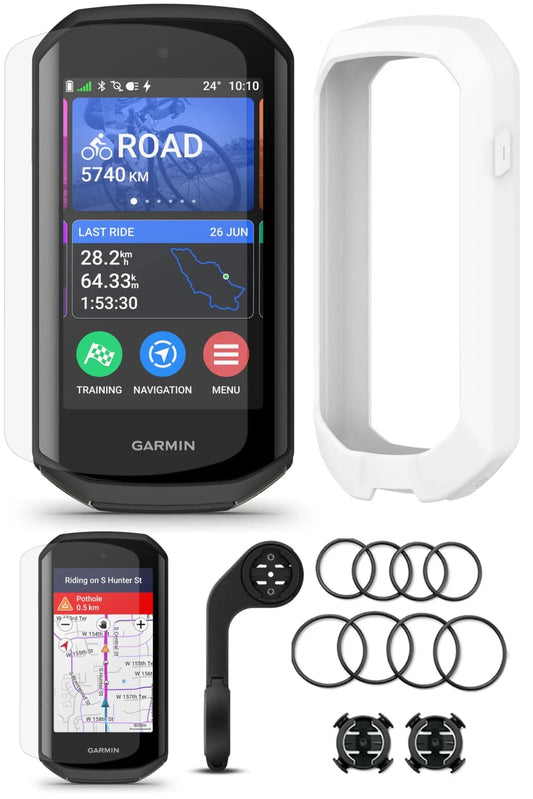 Garmin Edge 1050 Premium Cycling Computer Bundle - Color Touchscreen, Built-in Speaker, Training & Group Ride, Road Alerts with PlayBetter Silicone Case (White), Screen Protectors, Tether & More - Rugged Miles